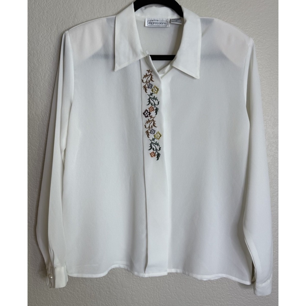 Vintage Petite Impressions Medium Womens‎ White Colorful Embroidered Blouse Top